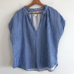 H&M micro ruffle neck cotton muslin boxy striped blue blouse top XL